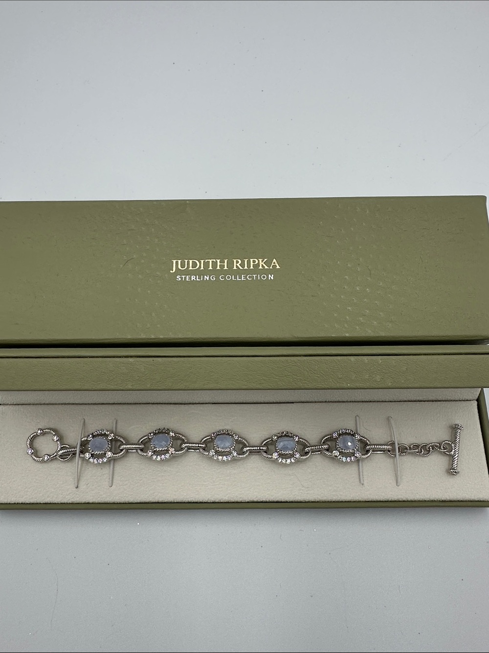 Judith Ripka 925 Sterling Silver Cable Links Toggle Stones CZ Bracelet